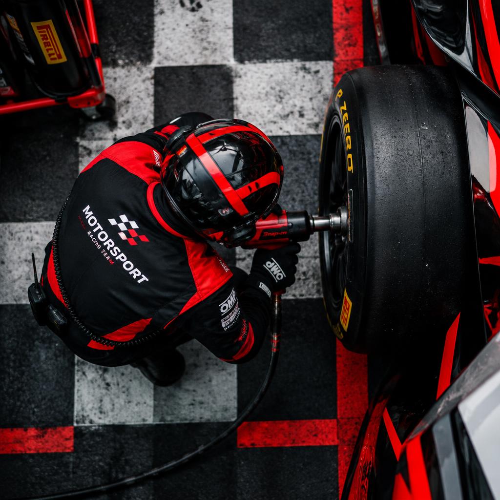 Pit crew technician servicing a car tire on a checkered pit-lane floor